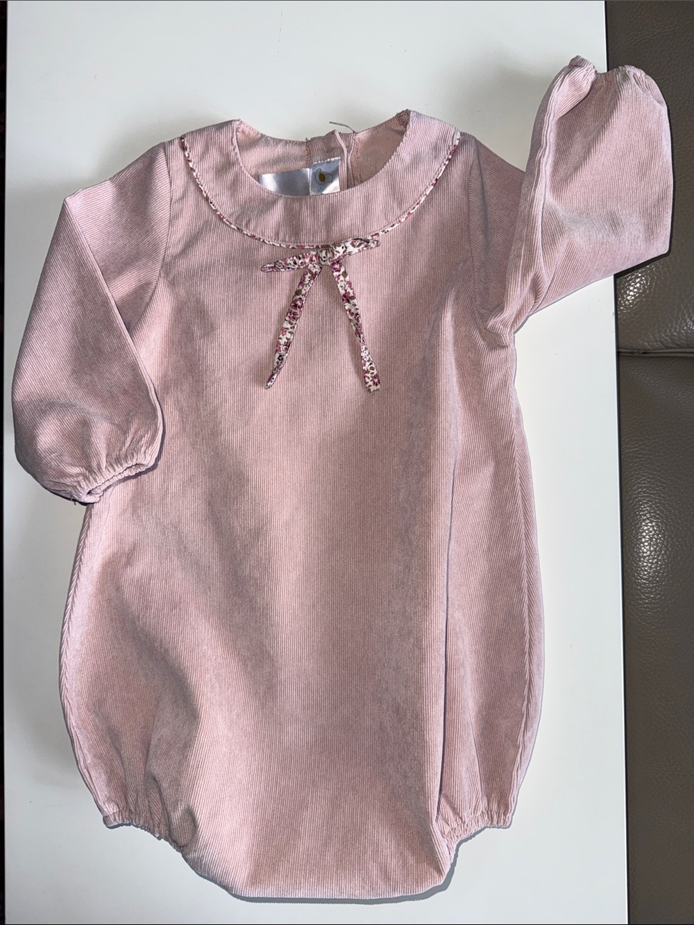 Cuclie Pink Baby Corduroy One-Piece Bodysuit with Floral Bow S 12 M